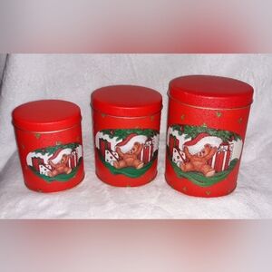 Vintage Tin Nested Cans 1988 House of Lloyd Christmas Red Tin Canisters Set of 3